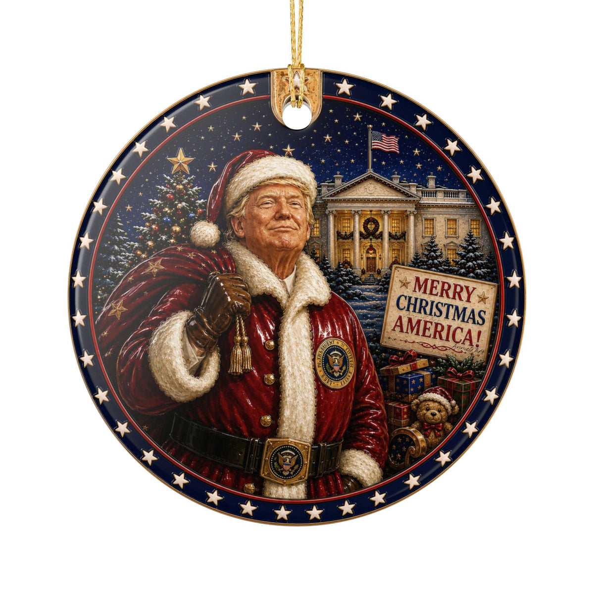 Patriotic Trump Santa Ceramic Ornament — "Merry Christmas America!" Holiday Decoration