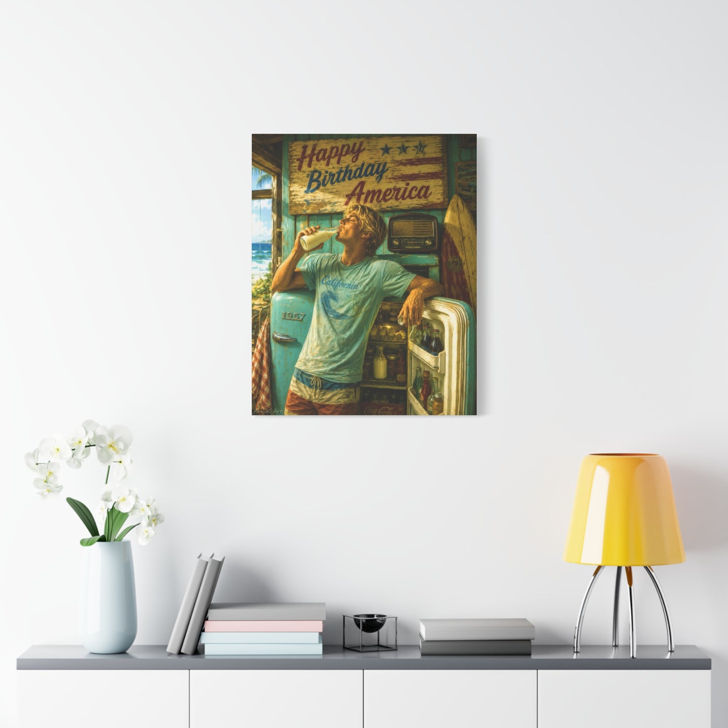 Happy Birthday America Canvas Wall Art — Retro Beach Guy Patriotic Home Decor