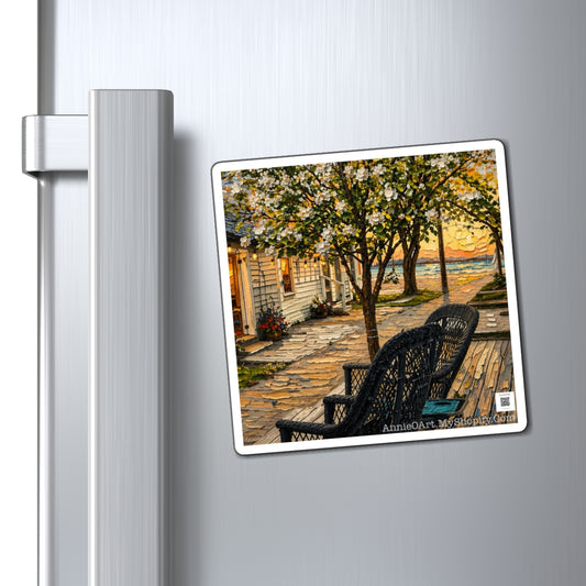 Coastal Porch Sunset Magnet — Nautical Beach House Art Refrigerator Magnet