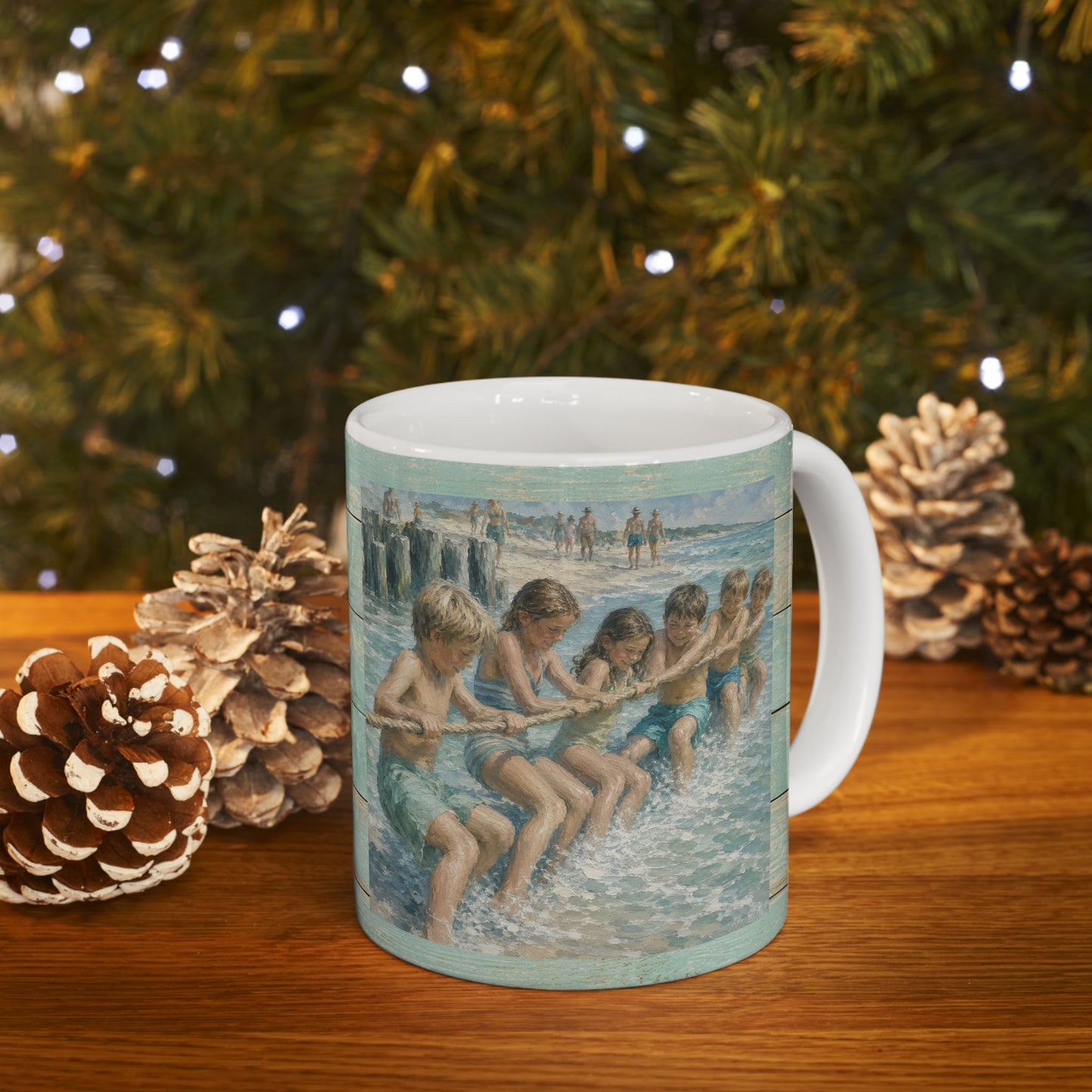 Beach Vintage-style Ceramic Mug – Tug-of-War by the Sea (11oz, 15oz)