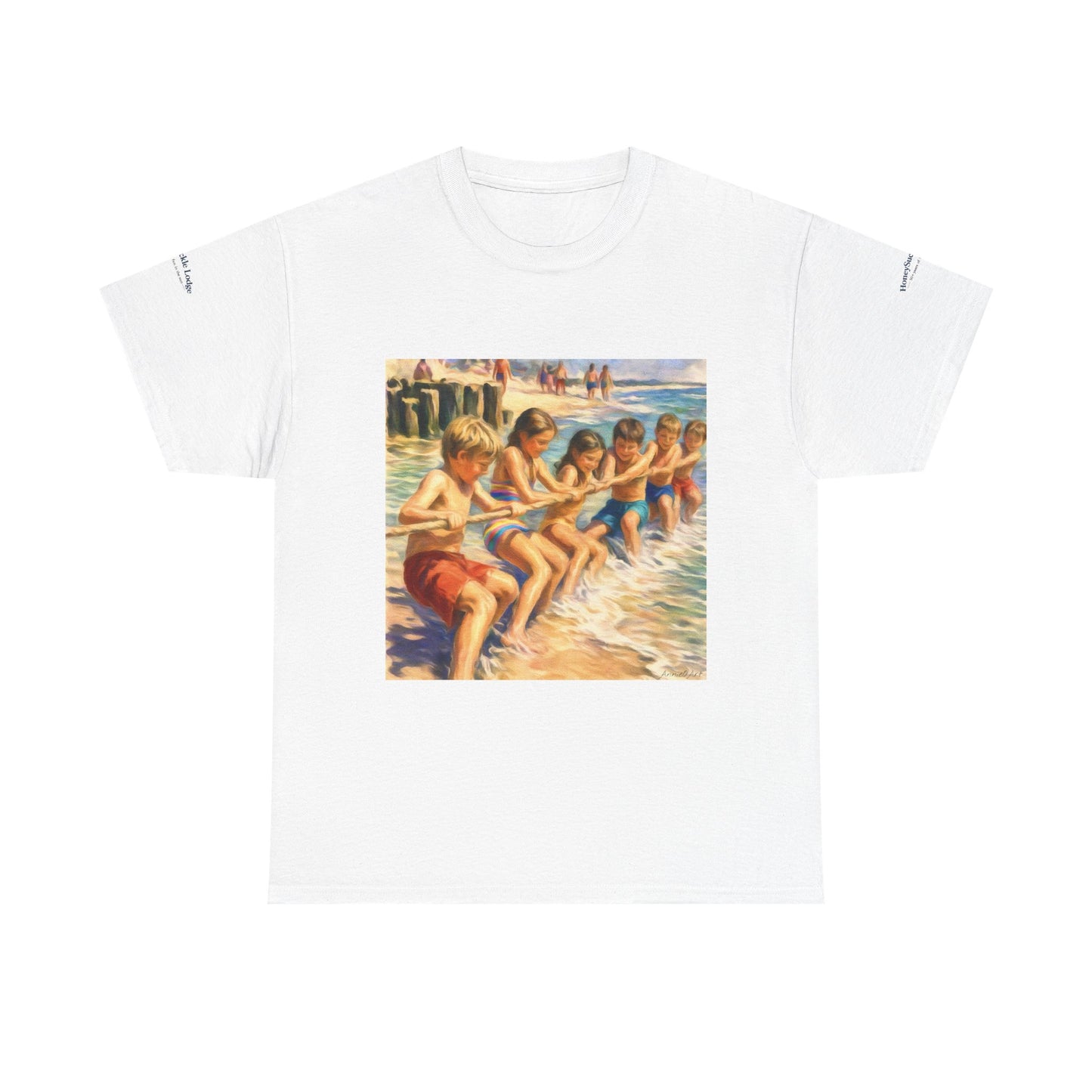 Honeysuckle Lodge Vintage Beach Print tee shirt front/back ("Honeysuckle Lodge - 50+ years of fun in the sun")
