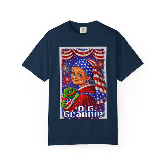 Grandmas Patriotic Original Gansta “OG Grannie” T-Shirt — American Flag Grandma w baby Pepe Graphic Tee