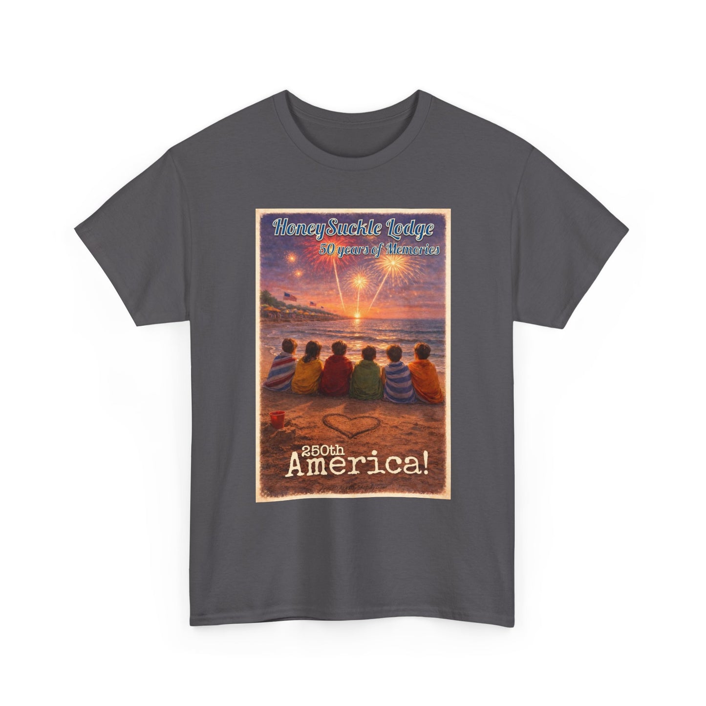 HoneySuckle Lodge 50th—Patriotic Sunset Beach T‑Shirt – 'God Bless America' Vintage Kids Watching Fireworks