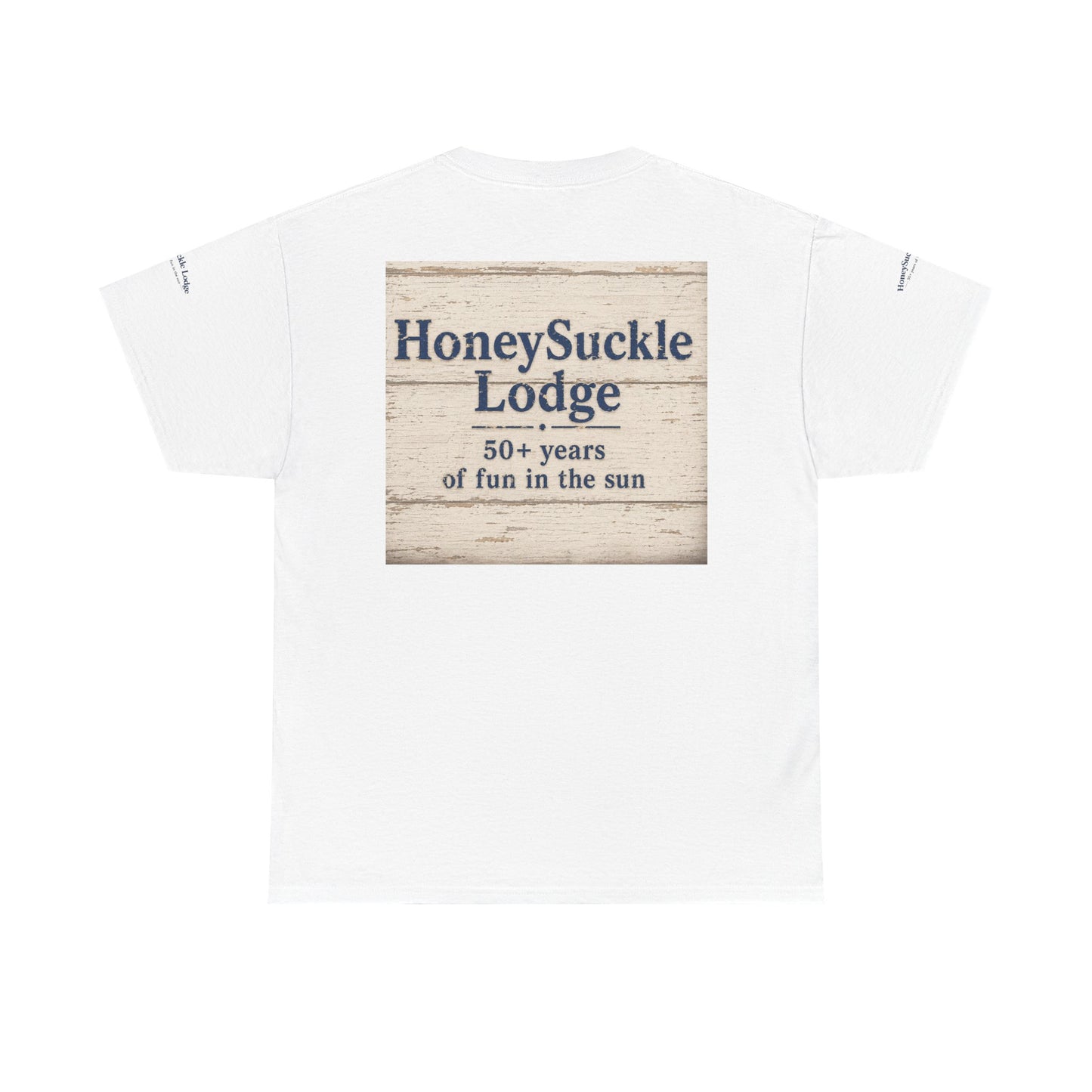 Honeysuckle Lodge Vintage Beach Print tee shirt front/back ("Honeysuckle Lodge - 50+ years of fun in the sun")