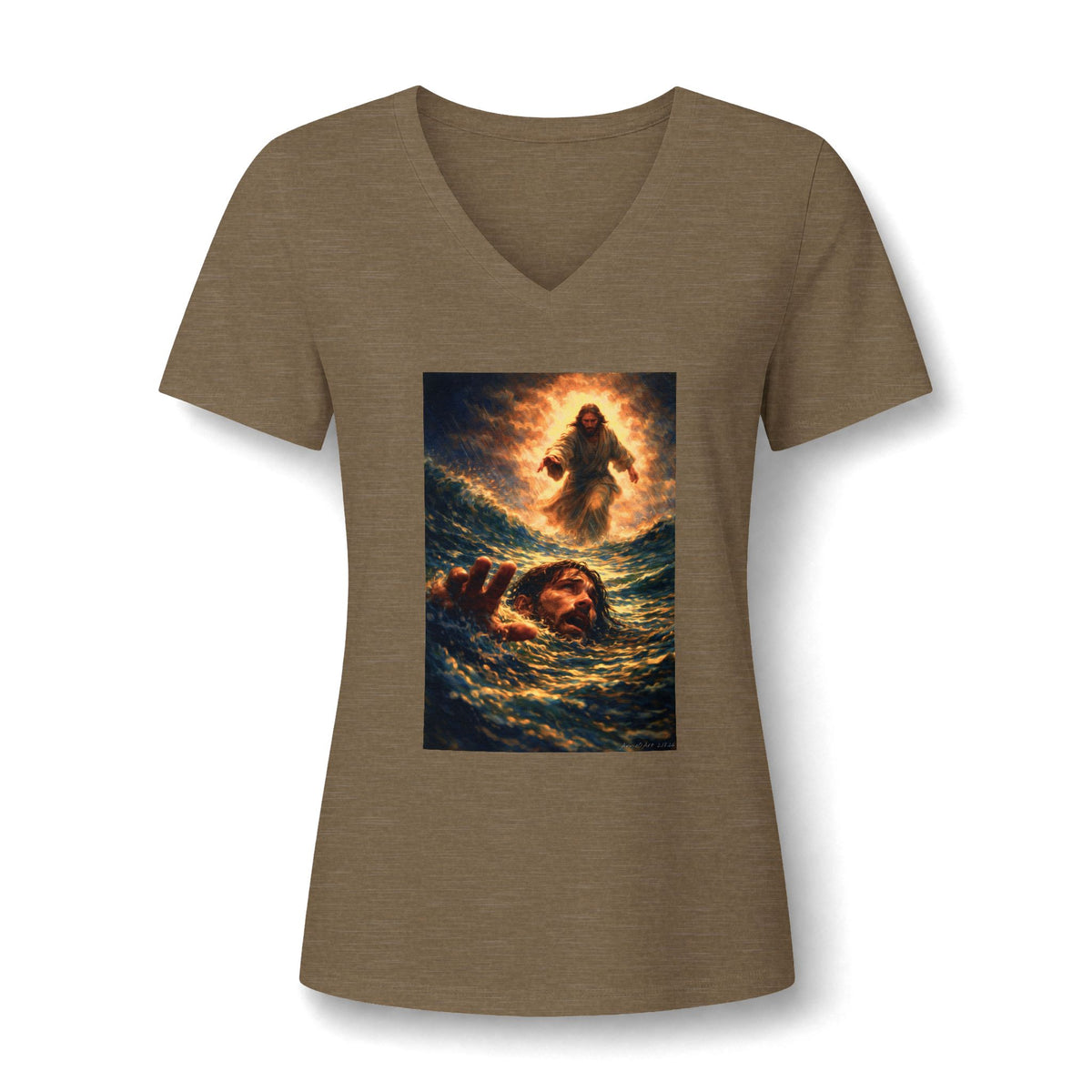 V-Neck Tee -Jesus Saving Peter—Walking on Water Christian Graphic Shirt