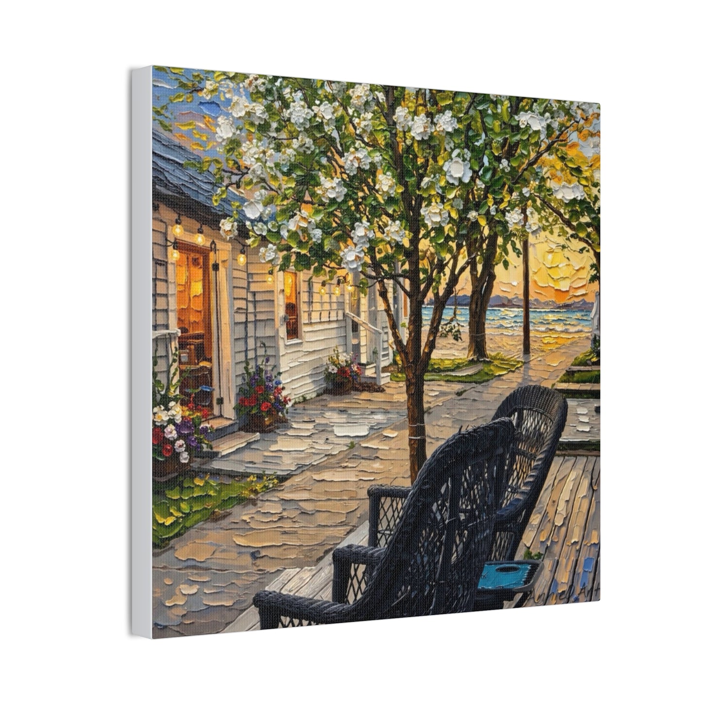Bungalow Porch Canvas Wall Art — Sunny Cottage Sunset Stretched Canvas