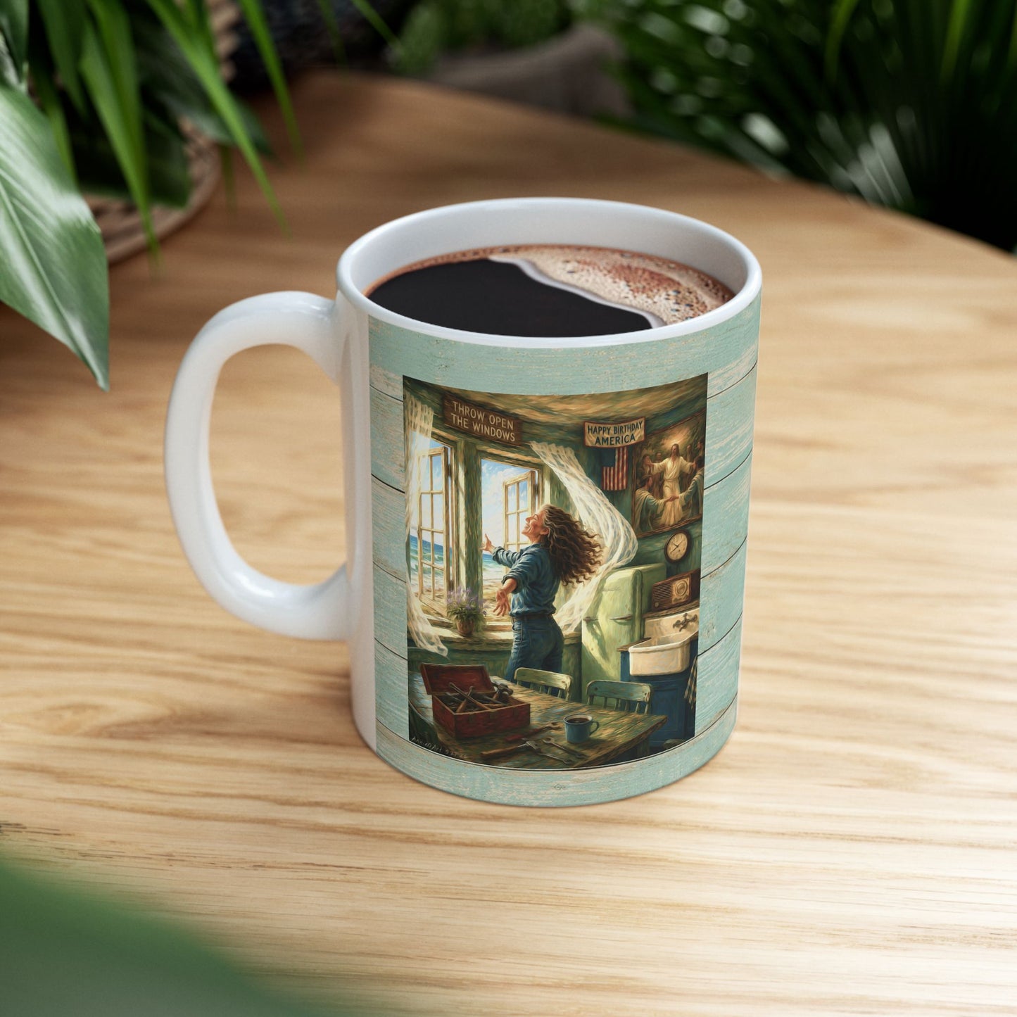 Coastal Vintage Beach Cottage Ceramic Mug — Seaside Window & Shells Design (11oz/15oz)