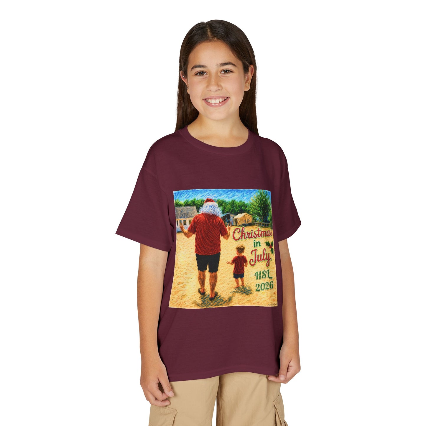 Youth T-Shirt — "Christmas in July" Beach Santa Kids Tee (HSL 2026)