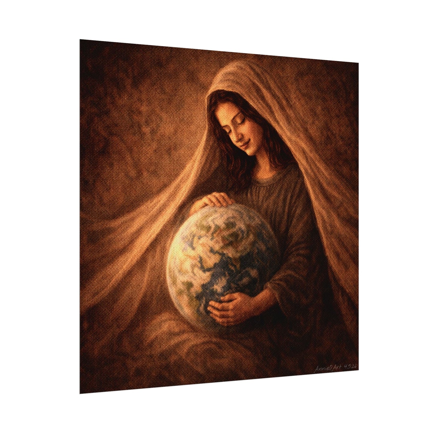 Mary, Jesus’ Mother,  Cradling & Praying for the Earth & Her People,  Textured Matte Art Print Poster