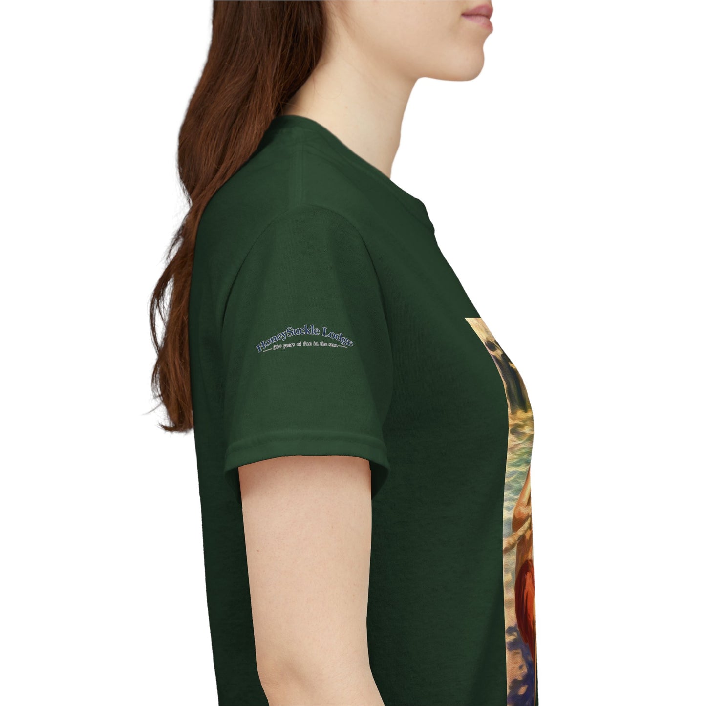 Honeysuckle Lodge Vintage Beach Print tee shirt front/back ("Honeysuckle Lodge - 50+ years of fun in the sun")