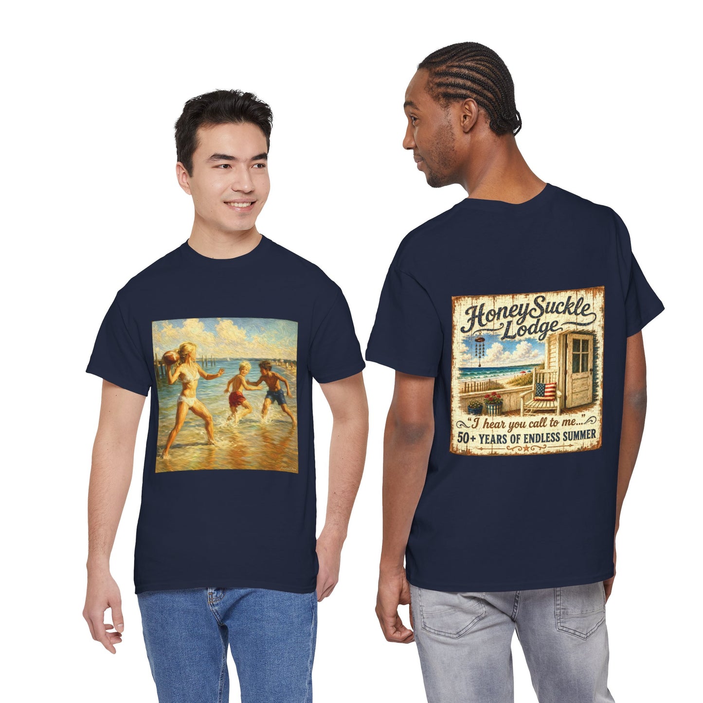 Vintage Beach T‑Shirt — 'Honeysuckle Lodge: 50+ Years of Endless Summer' Retro Seaside Tee