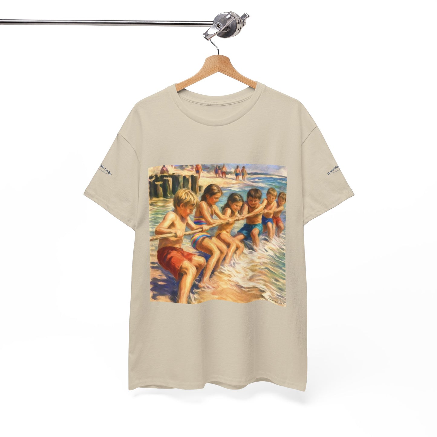 Honeysuckle Lodge Vintage Beach Print tee shirt front/back ("Honeysuckle Lodge - 50+ years of fun in the sun")