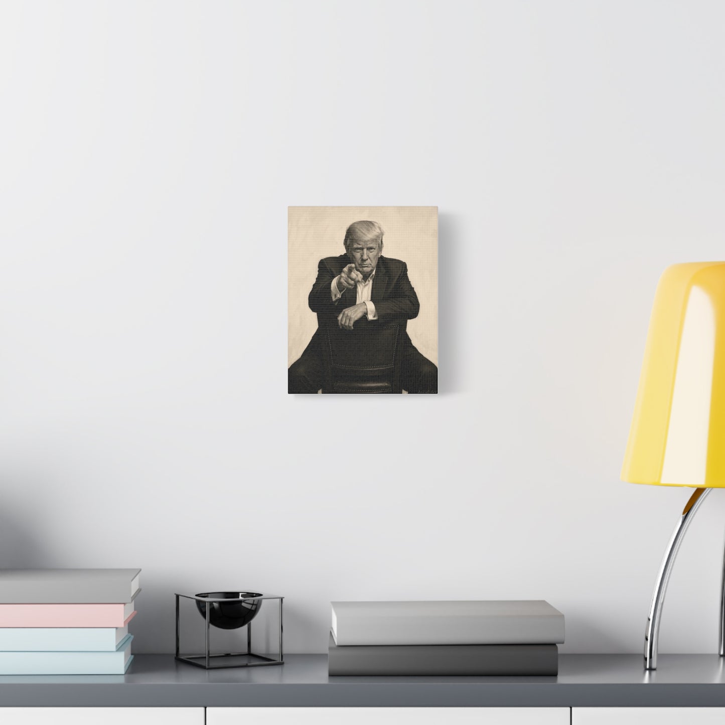 Trump Pointing Portrait Matte Canvas Print — Vintage-Style Seated Figure Wall Art
