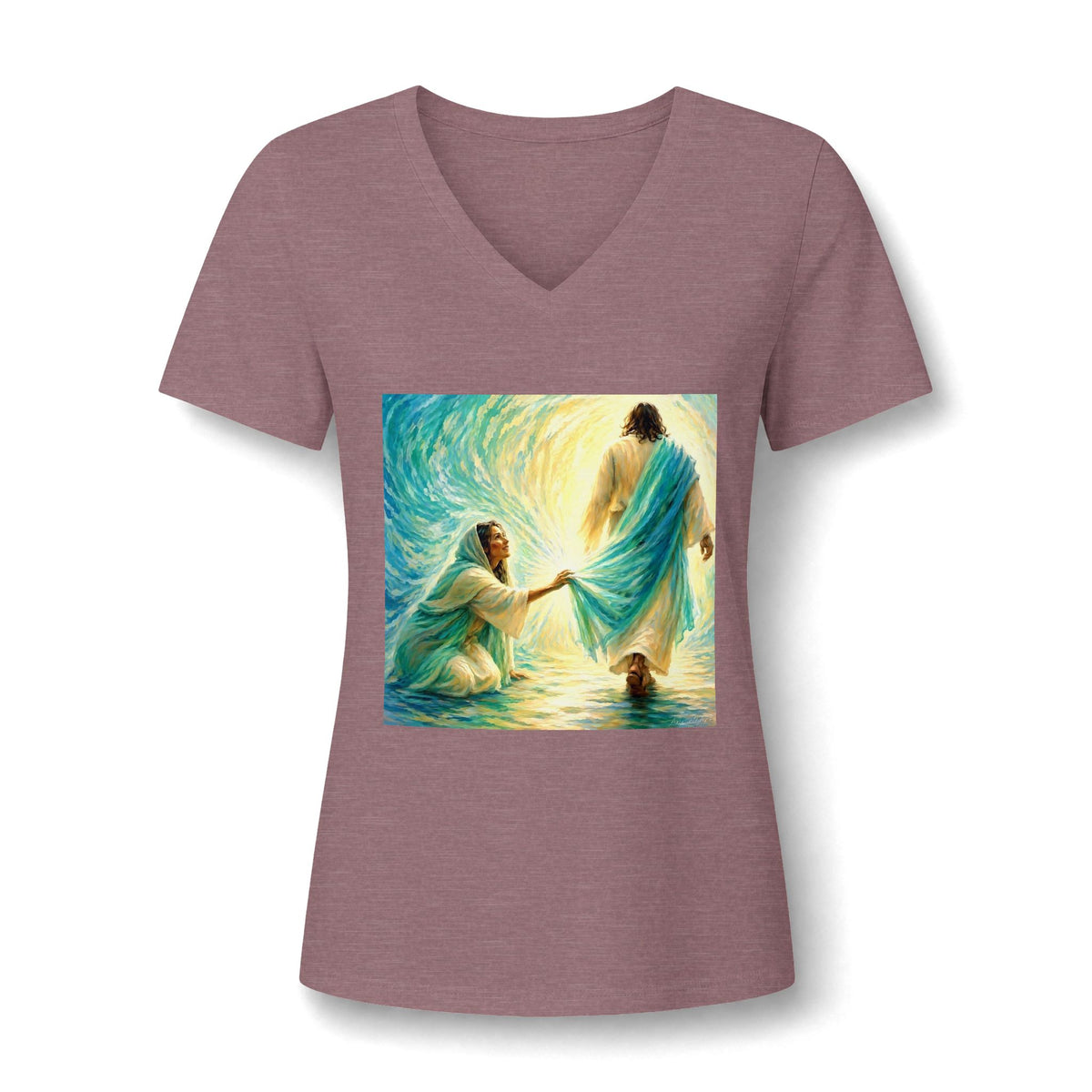 Women's V-Neck Tee — 'He Lifts Us' Christian Inspirational Graphic Shirt