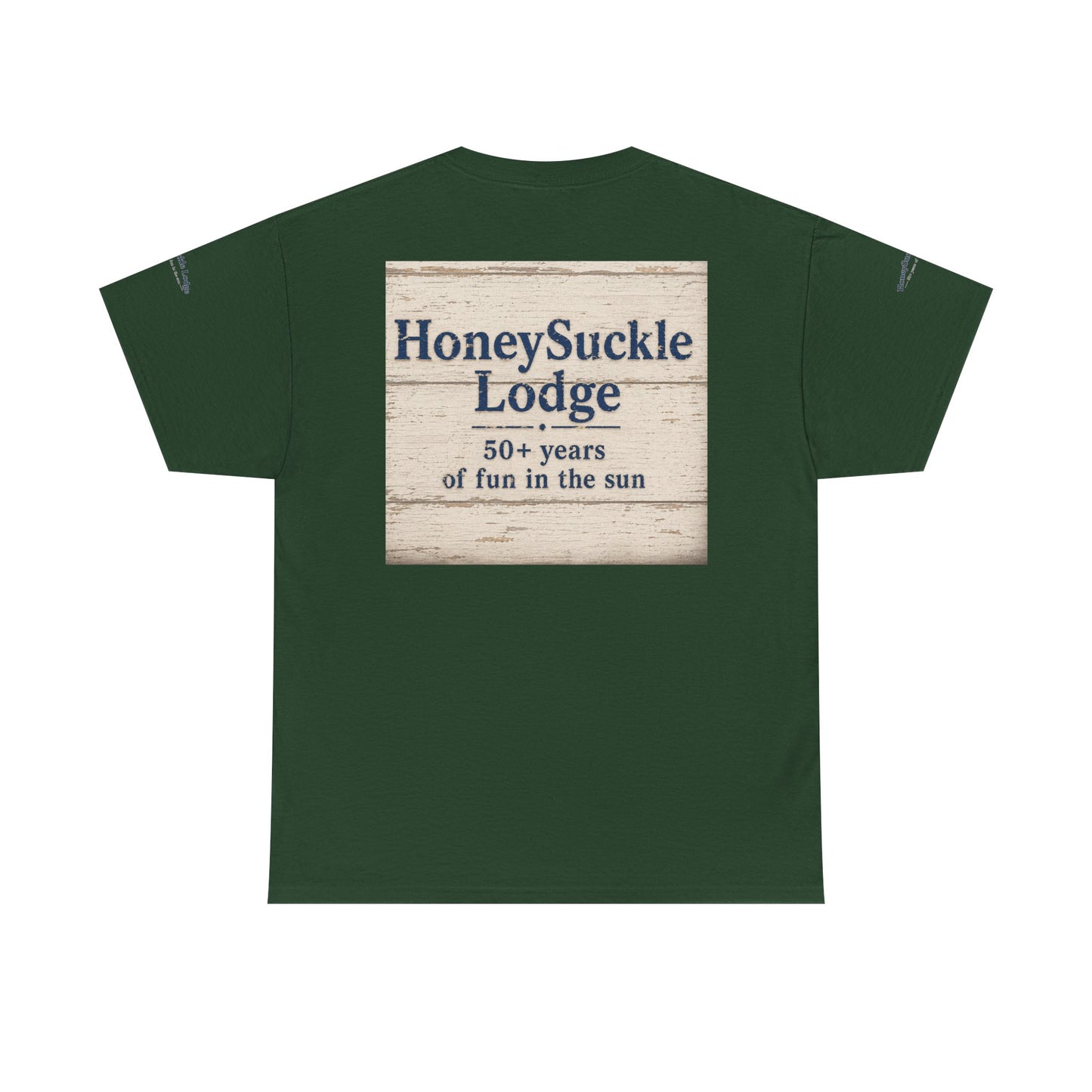 Honeysuckle Lodge Vintage Beach Print tee shirt front/back ("Honeysuckle Lodge - 50+ years of fun in the sun")