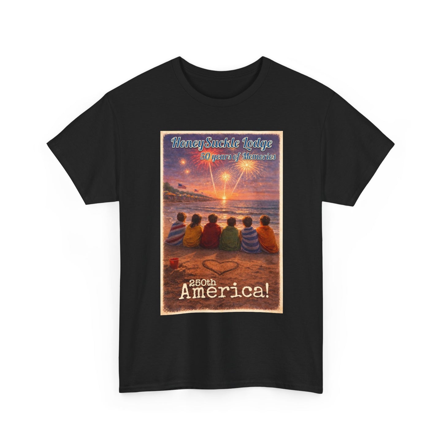 HoneySuckle Lodge 50th—Patriotic Sunset Beach T‑Shirt – 'God Bless America' Vintage Kids Watching Fireworks