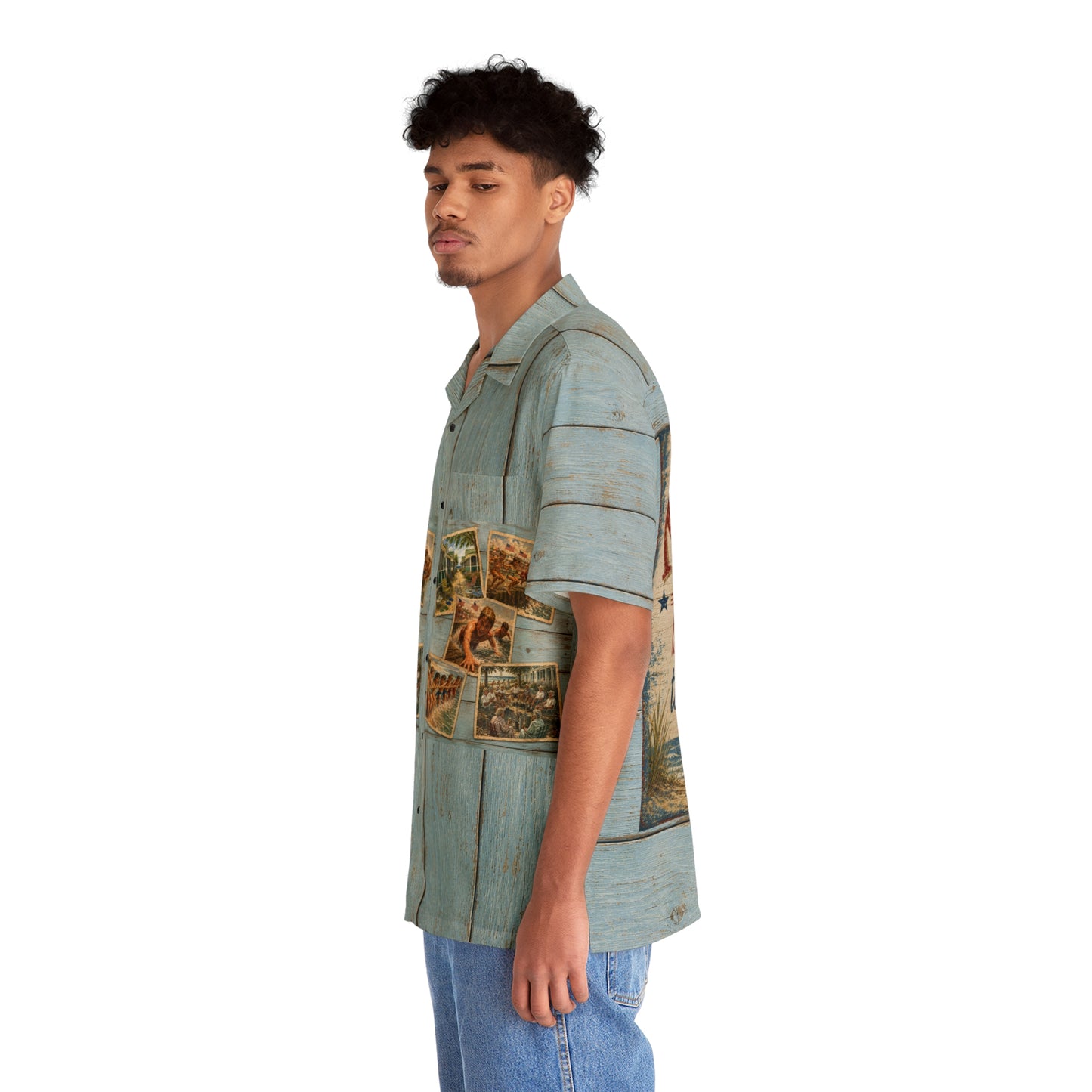 “NYC KID- Born in the City- Raised on the Beach” -Vintage Coastal Wood Plank Hawaiian Shirt