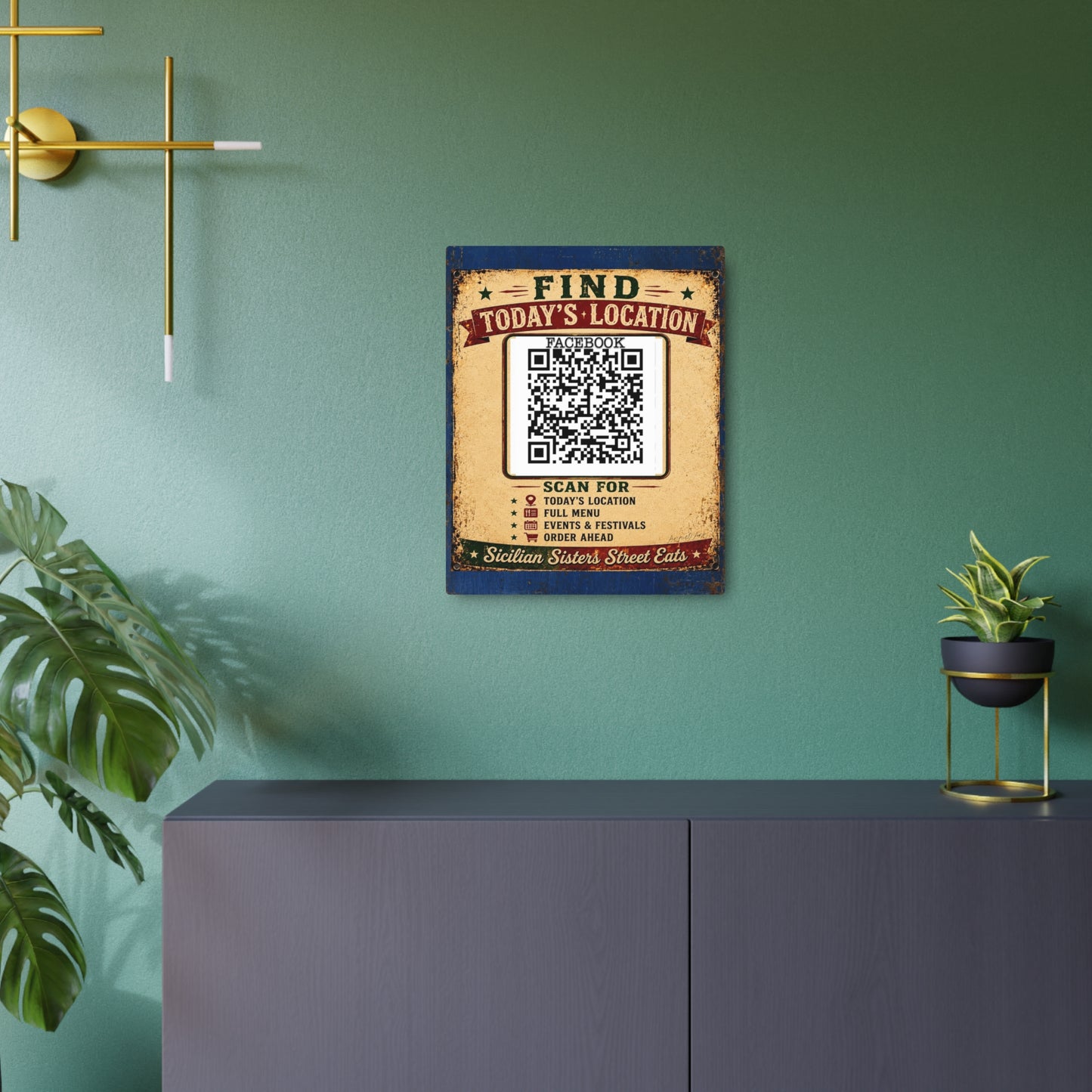 CUSTOM 16x20 for MANDY-Metal Art Sign • Vintage QR Code Menu Poster — Find Today's Location, Scan for Full Menu & Events