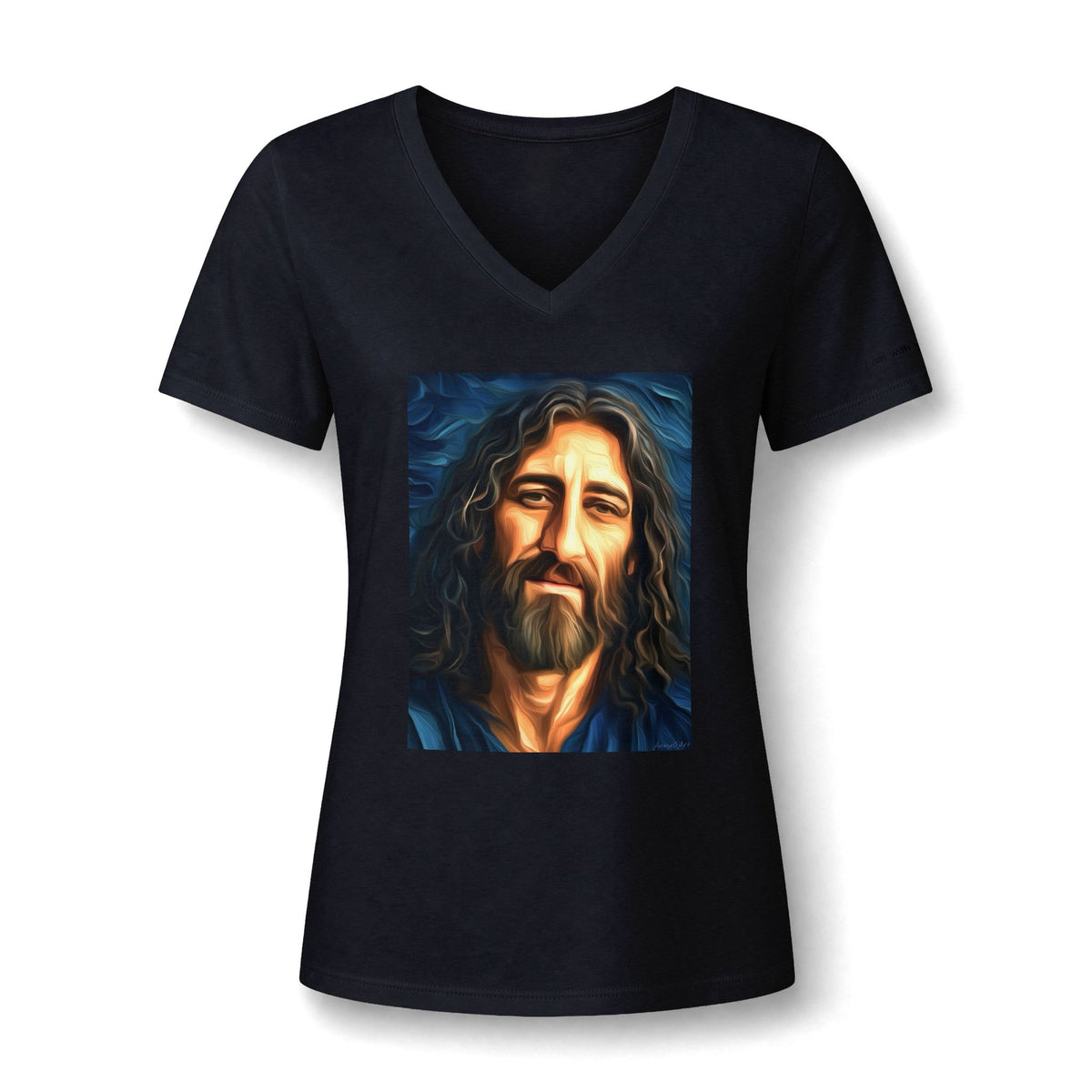 Women's V-Neck Tee — Stylized Jesus Portrait Graphic Tee