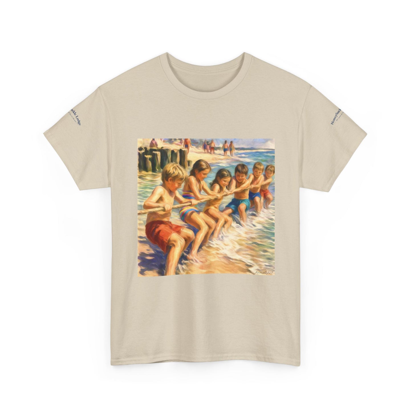 Honeysuckle Lodge Vintage Beach Print tee shirt front/back ("Honeysuckle Lodge - 50+ years of fun in the sun")