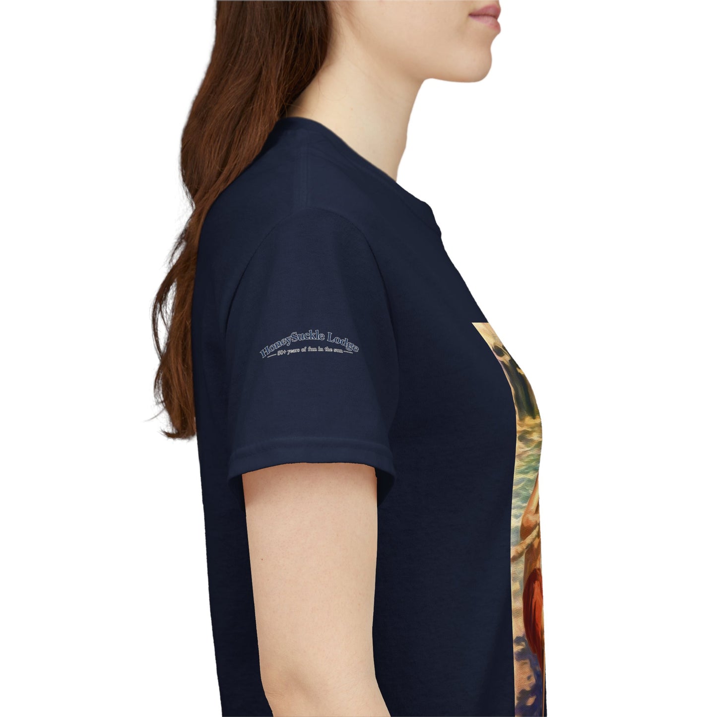 Honeysuckle Lodge Vintage Beach Print tee shirt front/back ("Honeysuckle Lodge - 50+ years of fun in the sun")