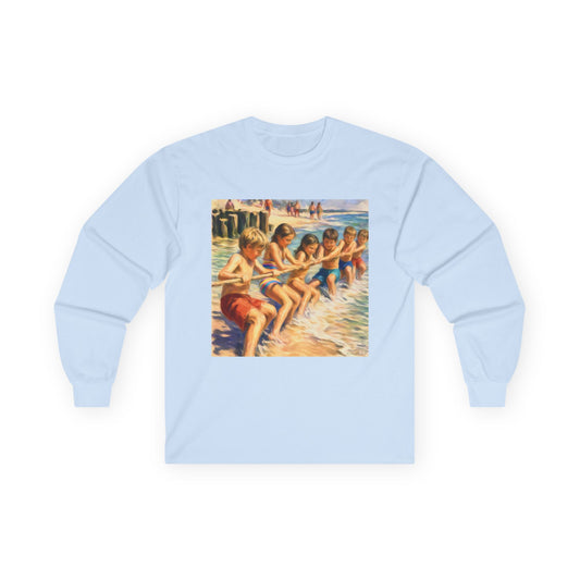 Long Sleeve Tee Front & Back Design — Vintage Americana Beach Scene & “Happy Birthday America”