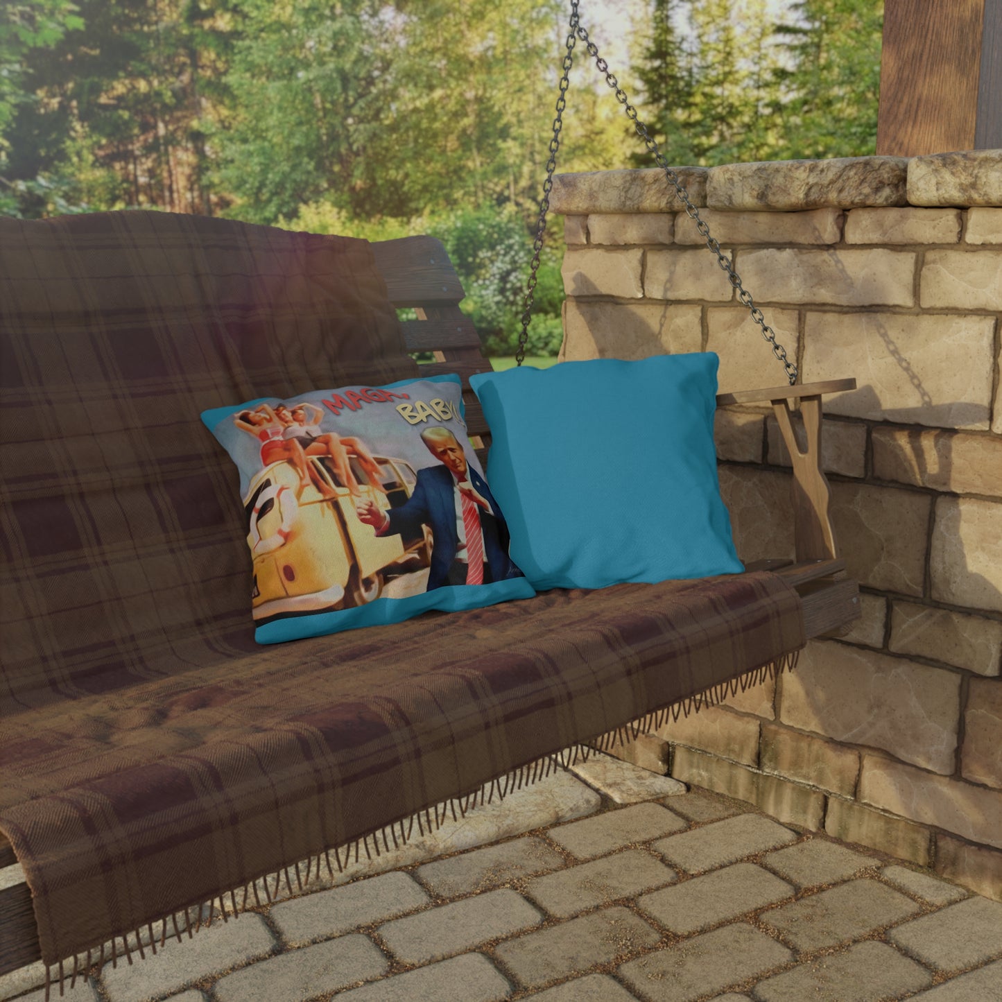 Political Graphic Outdoor Pillow — "MAGA, Baby!" Retro Beach Design
