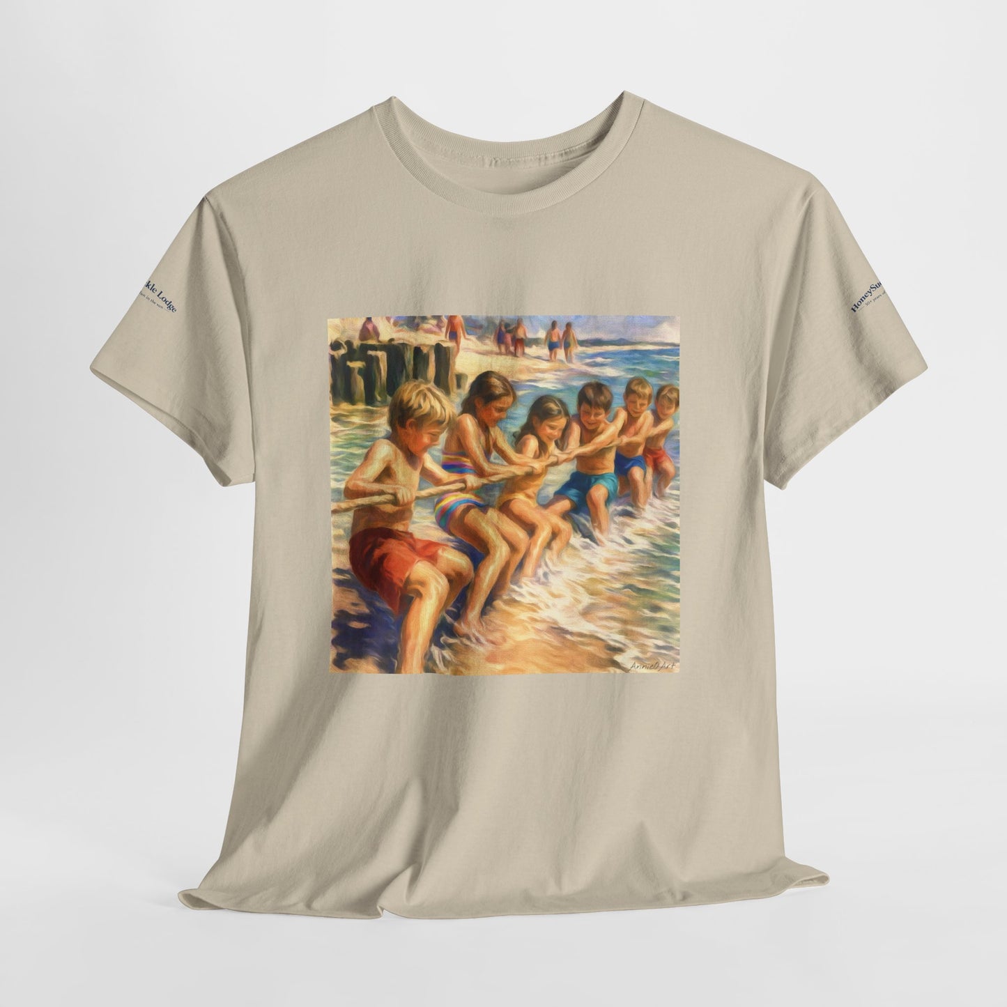 Honeysuckle Lodge Vintage Beach Print tee shirt front/back ("Honeysuckle Lodge - 50+ years of fun in the sun")