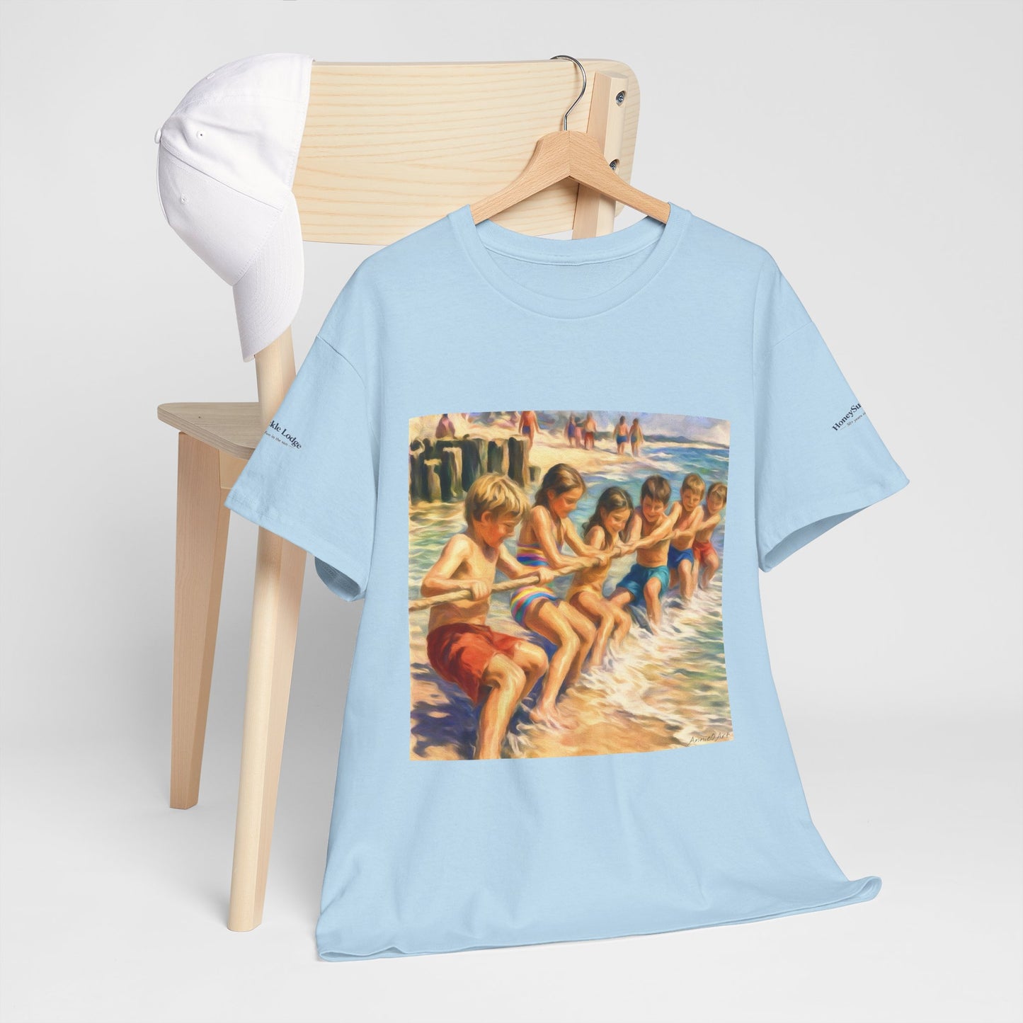 Honeysuckle Lodge Vintage Beach Print tee shirt front/back ("Honeysuckle Lodge - 50+ years of fun in the sun")