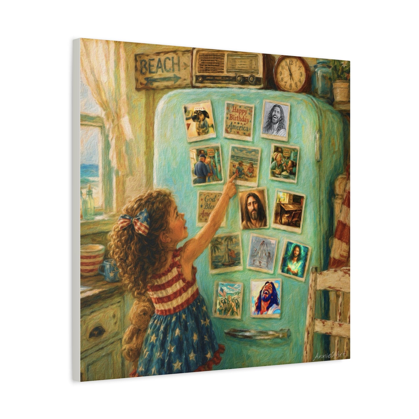 Americana Canvas Wall Art — Little Girl Pointing at Magnets on Vintage Fridge (Matte Stretched)