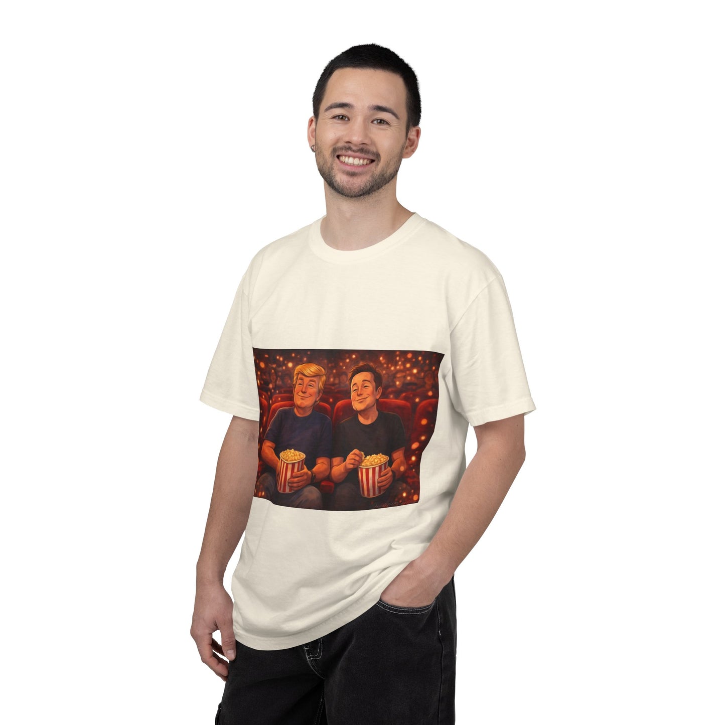 Trump & Elon—Movie Night Popcorn Tee — Cozy Cinematic Graphic T-Shirt
