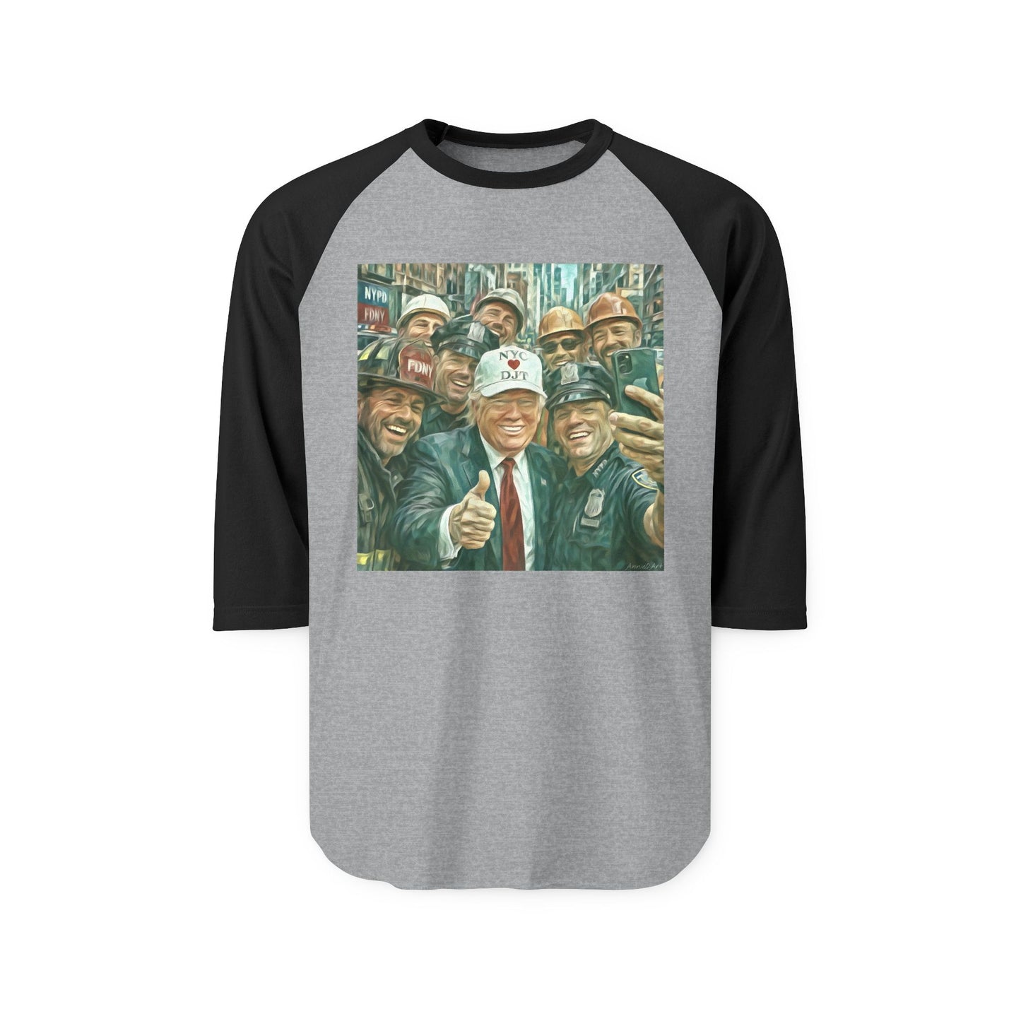 Trump “NYC❤️DJT” Raglan Shirt with Vintage Blue-Collar Selfie Graphic