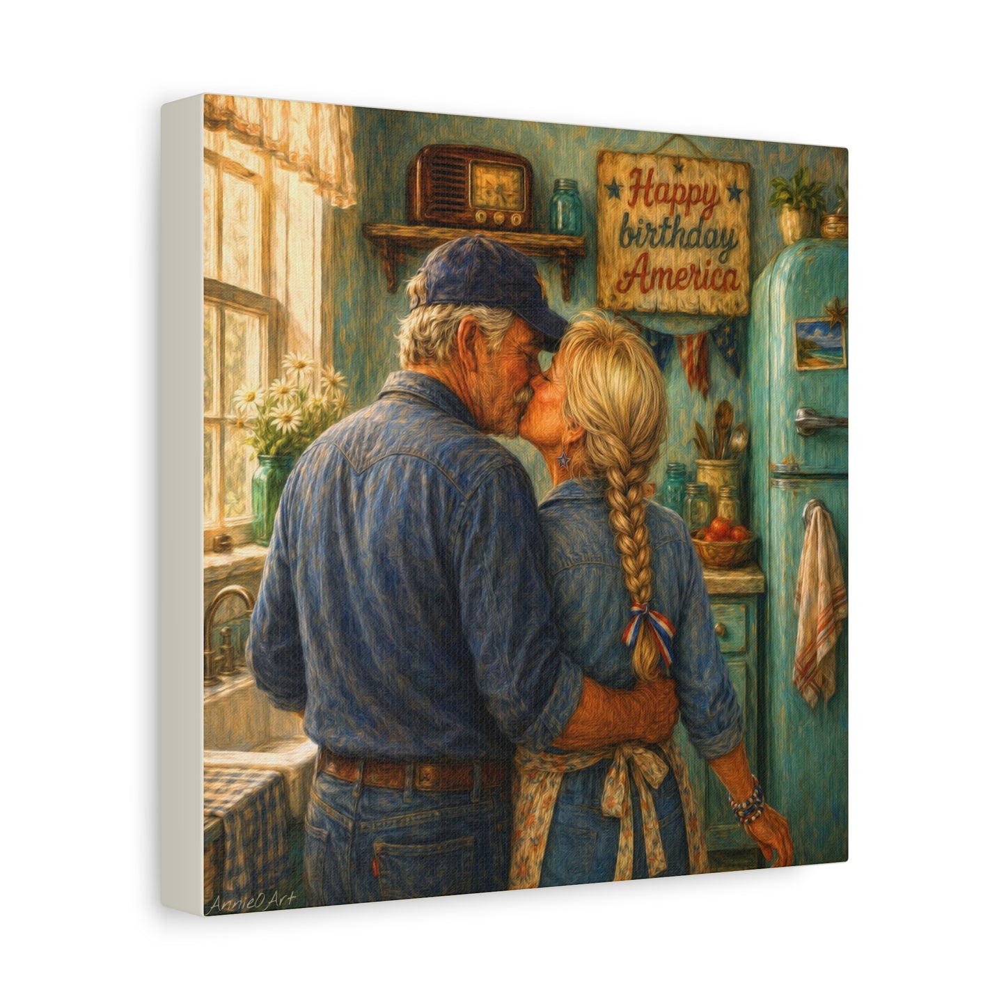 Patriotic Kitchen Romance Canvas Wall Art — "Happy Birthday America" Stretched Matte Print