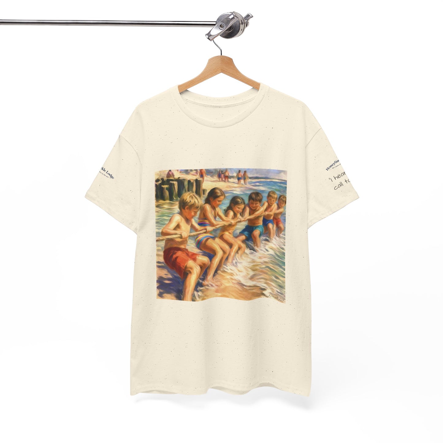 HoneySuckle Lodge Vintage Beach T-Shirt — "50+ years of fun in the sun" Retro Kids on Shore Design
