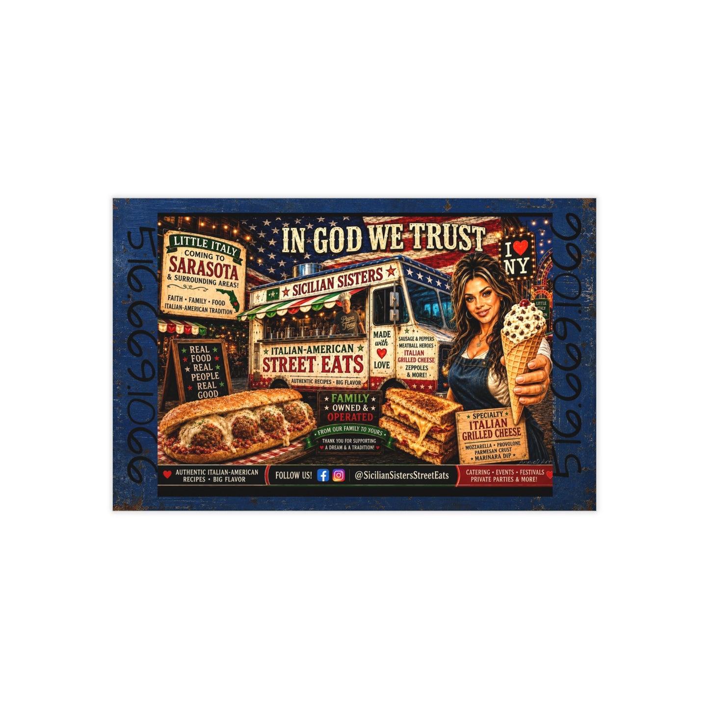 CUSTOM for MANDY—Business Cards — Italian Street Eats Restaurant Design ("In God We Trust")
