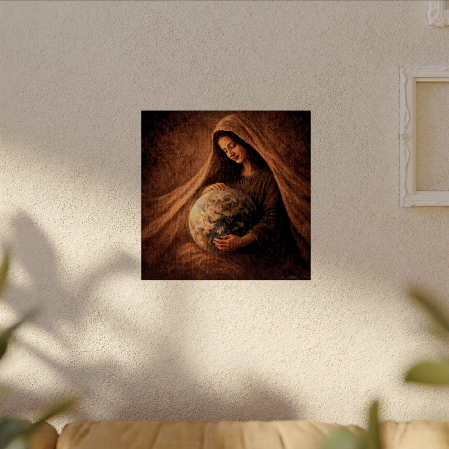 Mary, Jesus’ Mother,  Cradling & Praying for the Earth & Her People,  Textured Matte Art Print Poster