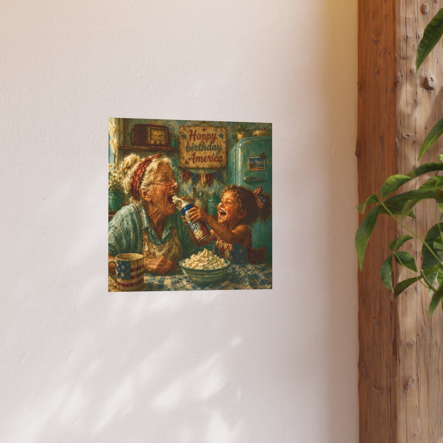 Happy Birthday America Poster — Vintage Grandma & Child Kitchen Art (Satin/Matte)