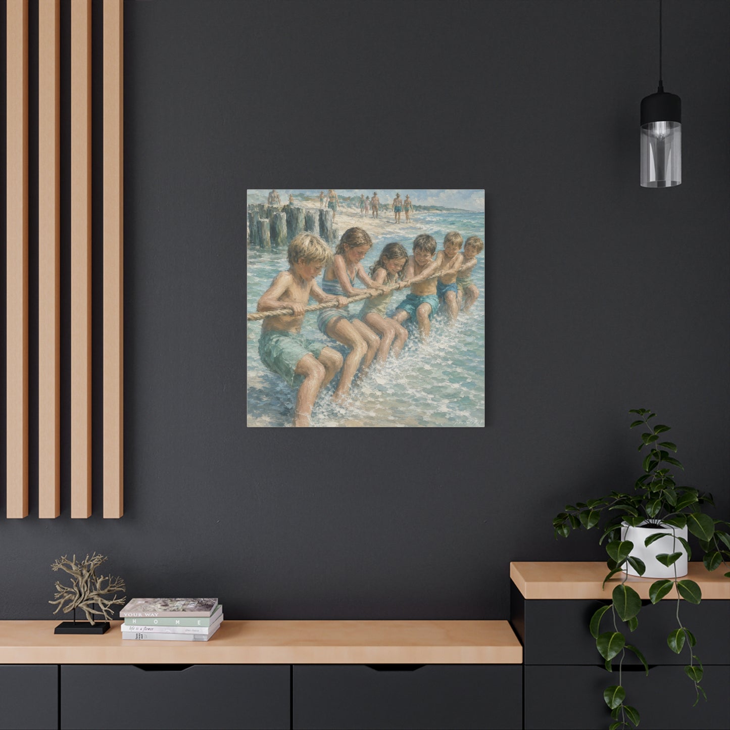 Beach Tug-of-War Matte Canvas Print — Vintage Seaside Children Wall Art