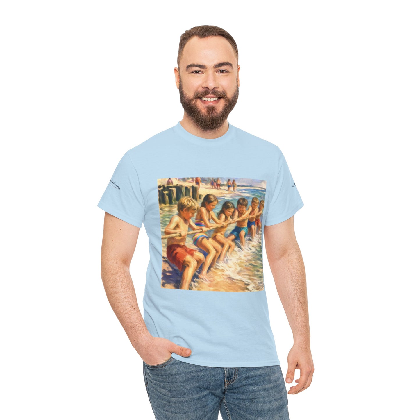 Honeysuckle Lodge Vintage Beach Print tee shirt front/back ("Honeysuckle Lodge - 50+ years of fun in the sun")