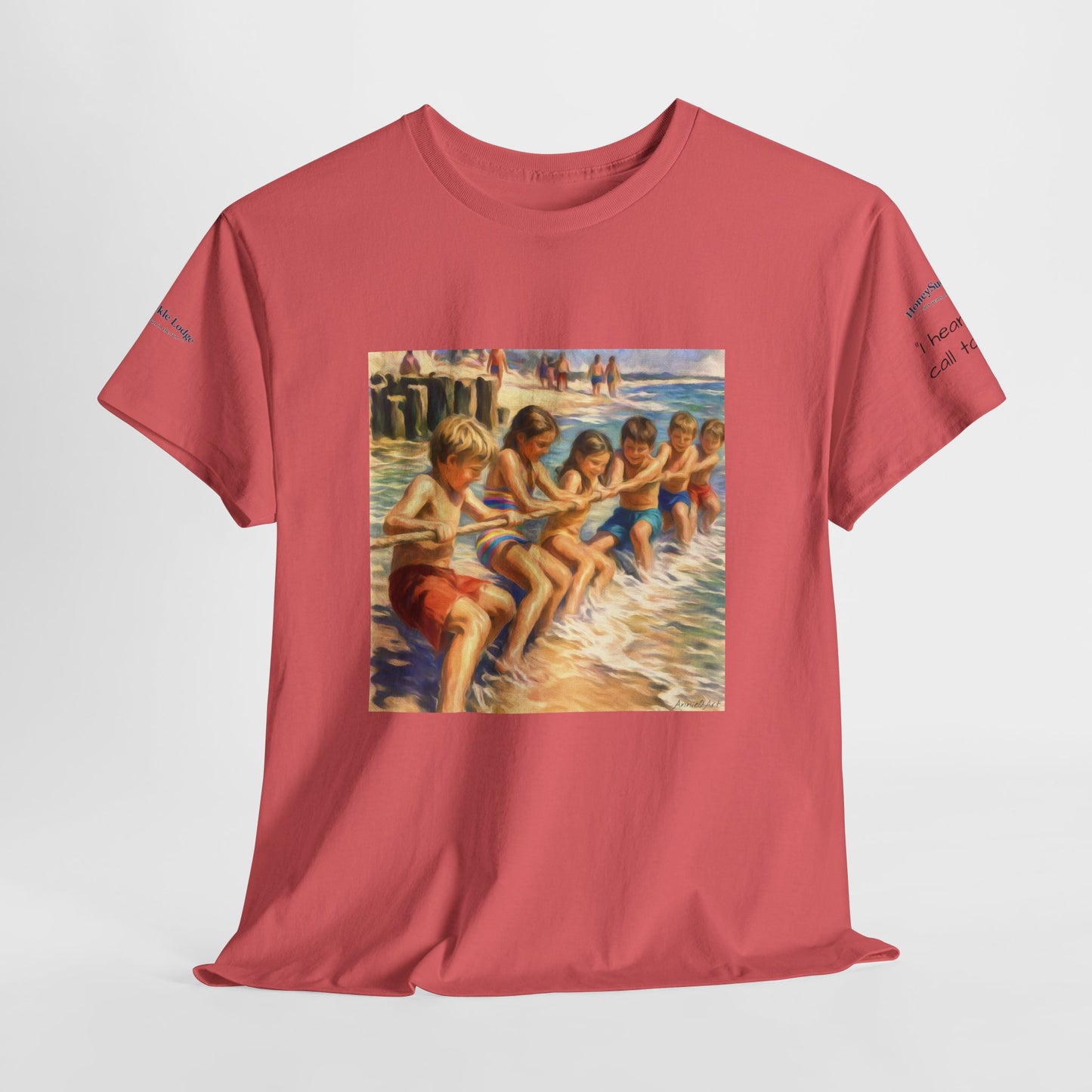 HoneySuckle Lodge Vintage Beach T-Shirt — "50+ years of fun in the sun" Retro Kids on Shore Design
