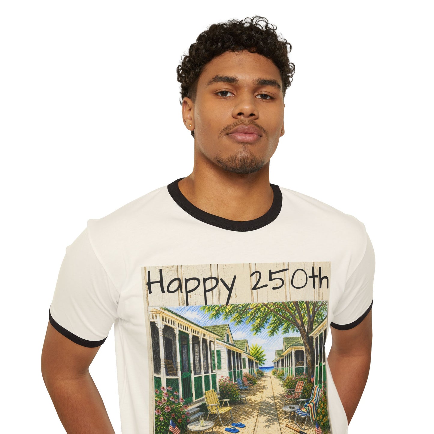 Happy 250th America Ringer T‑Shirt — Honeysuckle Lodge Vintage Beach Graphic
