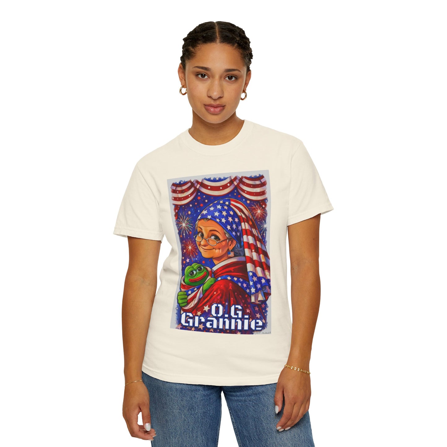 Grandmas Patriotic Original Gansta “OG Grannie” T-Shirt — American Flag Grandma w baby Pepe Graphic Tee