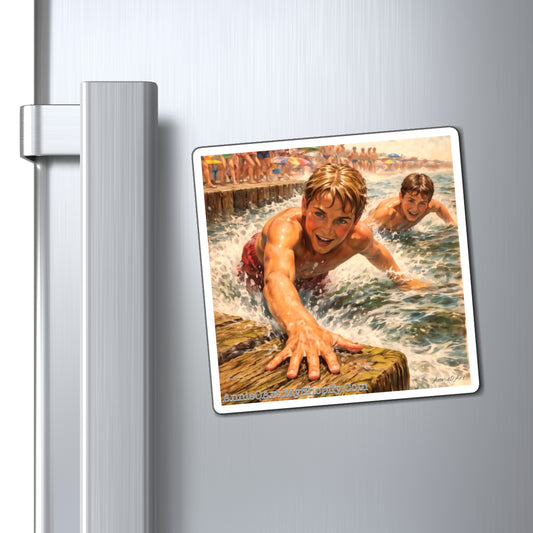 Vintage Summer Boys Beach Magnet — Kids Climbing Pier Retro Art Refrigerator Magnet