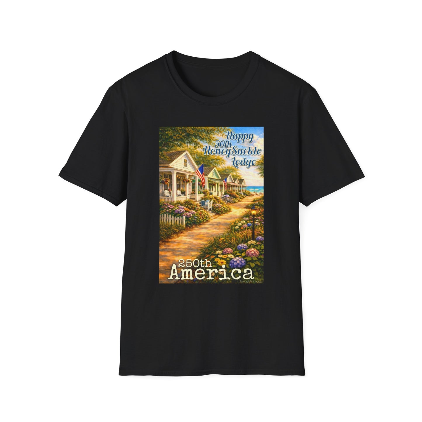 HoneySuckle Lodge 50th—America 250th Bungalow Path T-Shirt —Front & Back Design- Happy 250th Anniversary USA Patriotic Tee