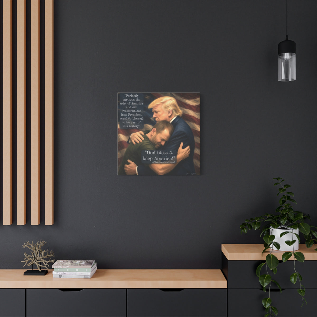 Trump Embrace Patriotic Canvas Wall Art — "God Bless & Keep America"