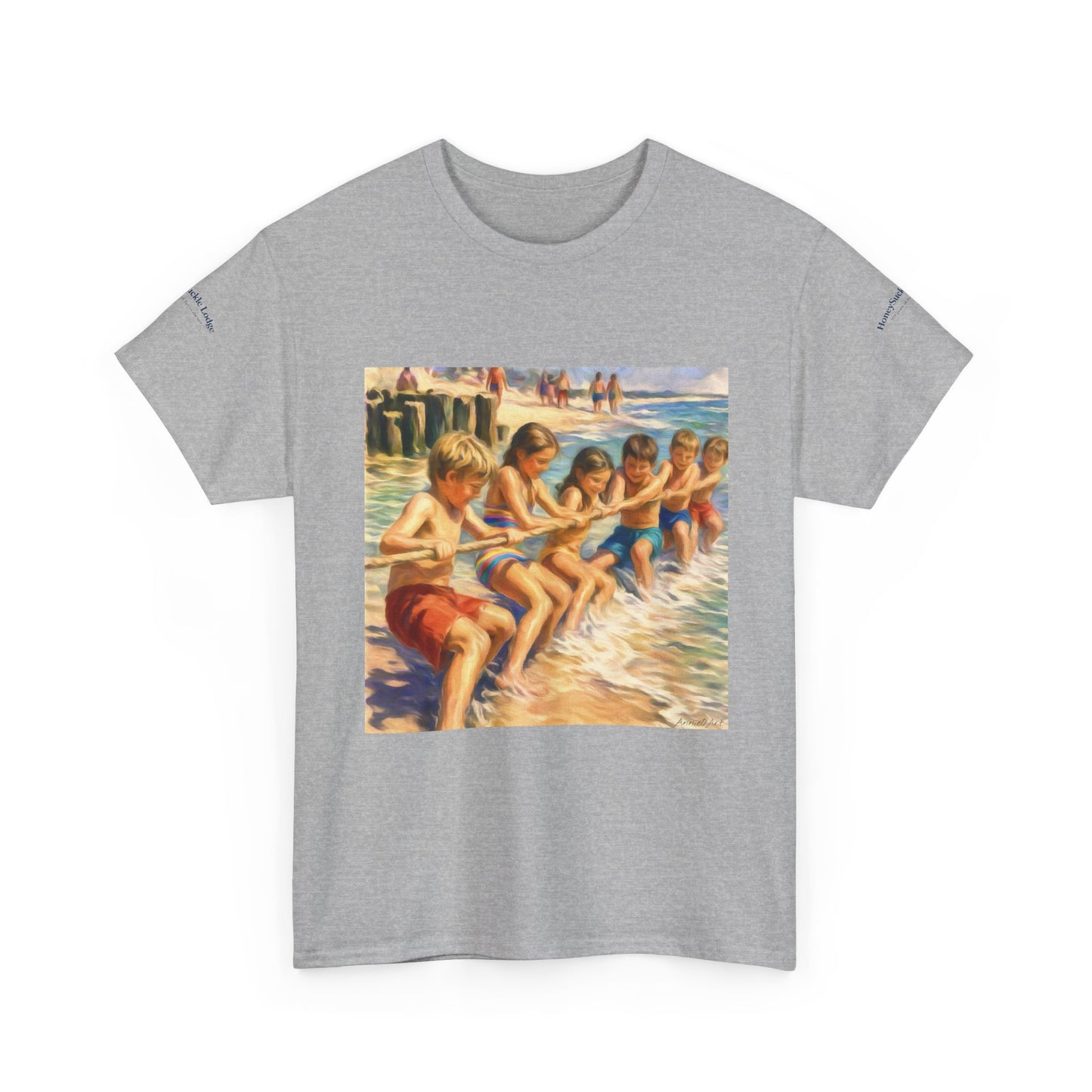 Honeysuckle Lodge Vintage Beach Print tee shirt front/back ("Honeysuckle Lodge - 50+ years of fun in the sun")